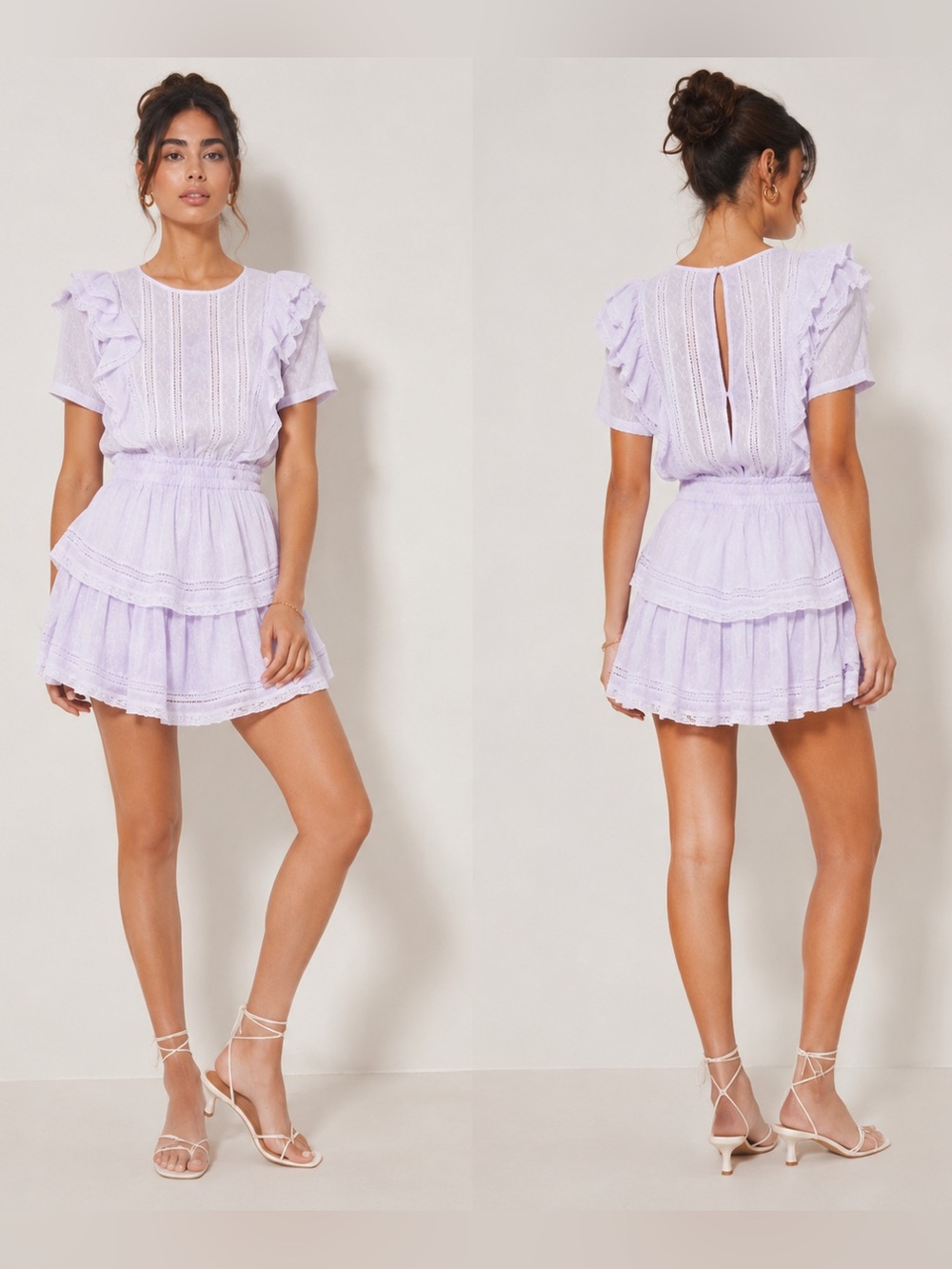 LoveShackFancy Natasha Dress M Violet Splash Tie‎ Dye Mini Ruffle Lace NWT